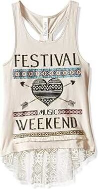 Beautees Festival Music Lace Trim Graphic Racerback Tank Top Women's SIze Large
